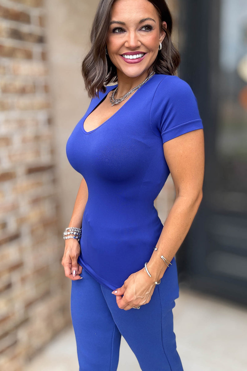 Seamless Round Royal Blue  Neck Short Sleeve Top