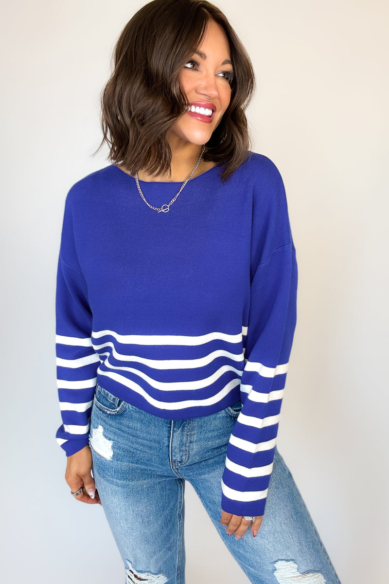 Viscose Navy and Ivory Striped Cropped Sweater