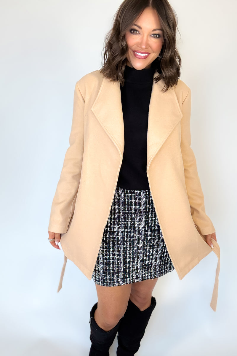 Khaki Shawl Collar Front Tie Coat