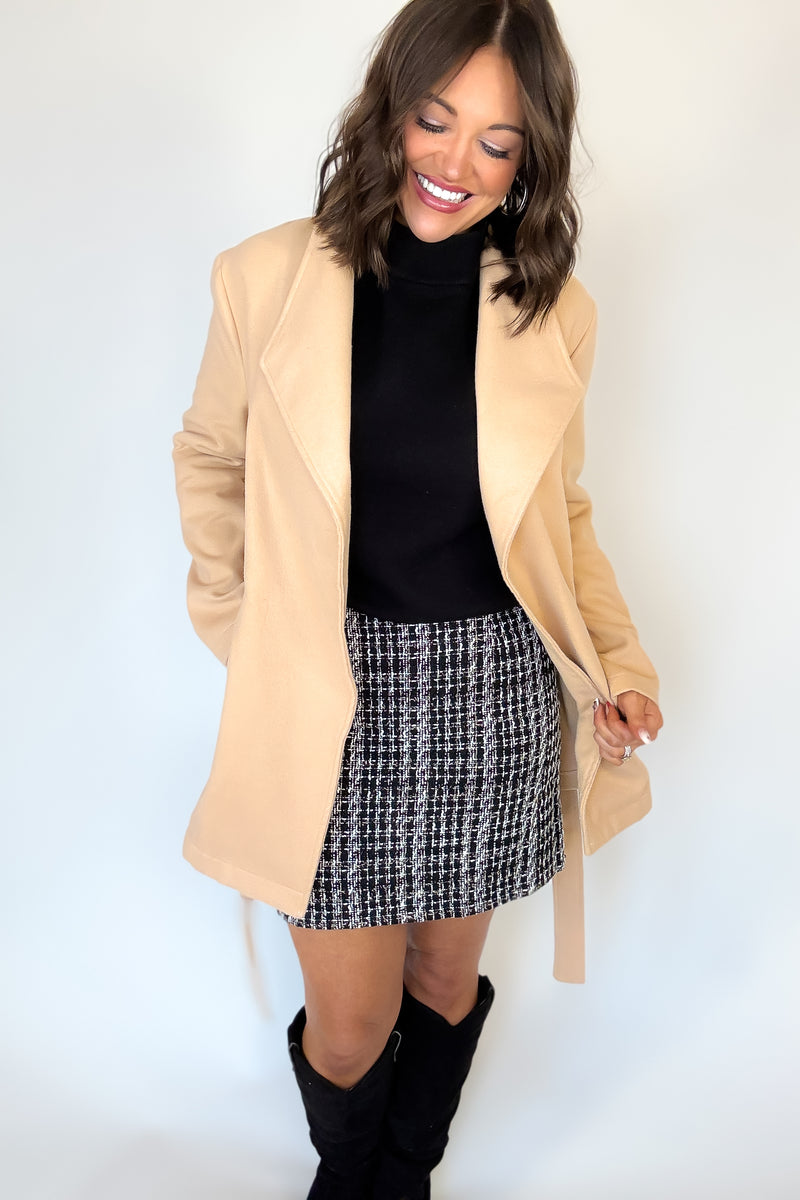 Khaki Shawl Collar Front Tie Coat