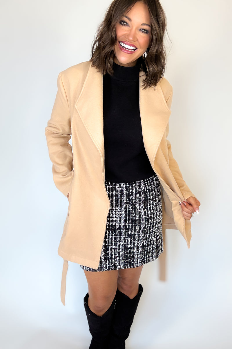 Khaki Shawl Collar Front Tie Coat