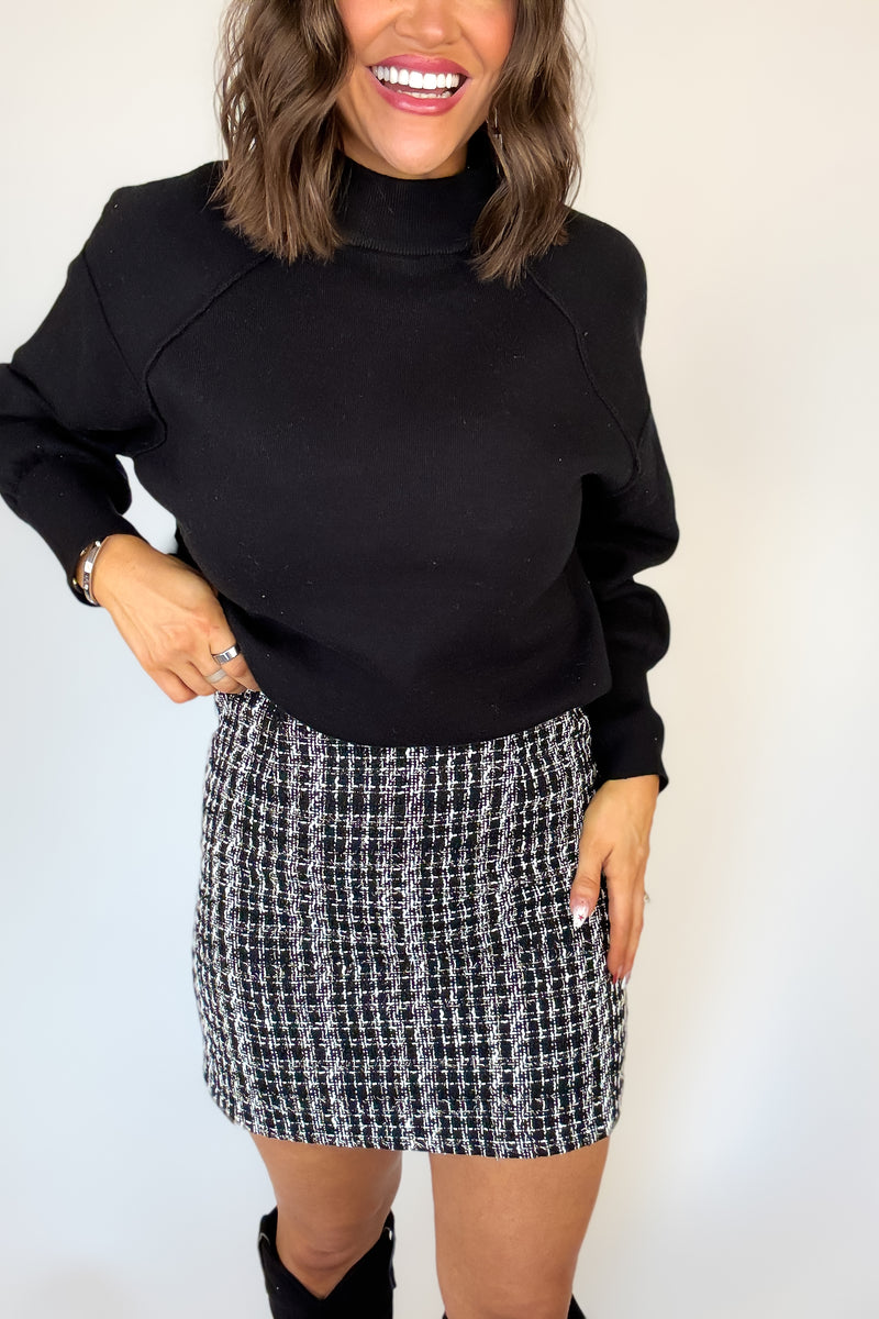Black Check Tweed Mini Skirt