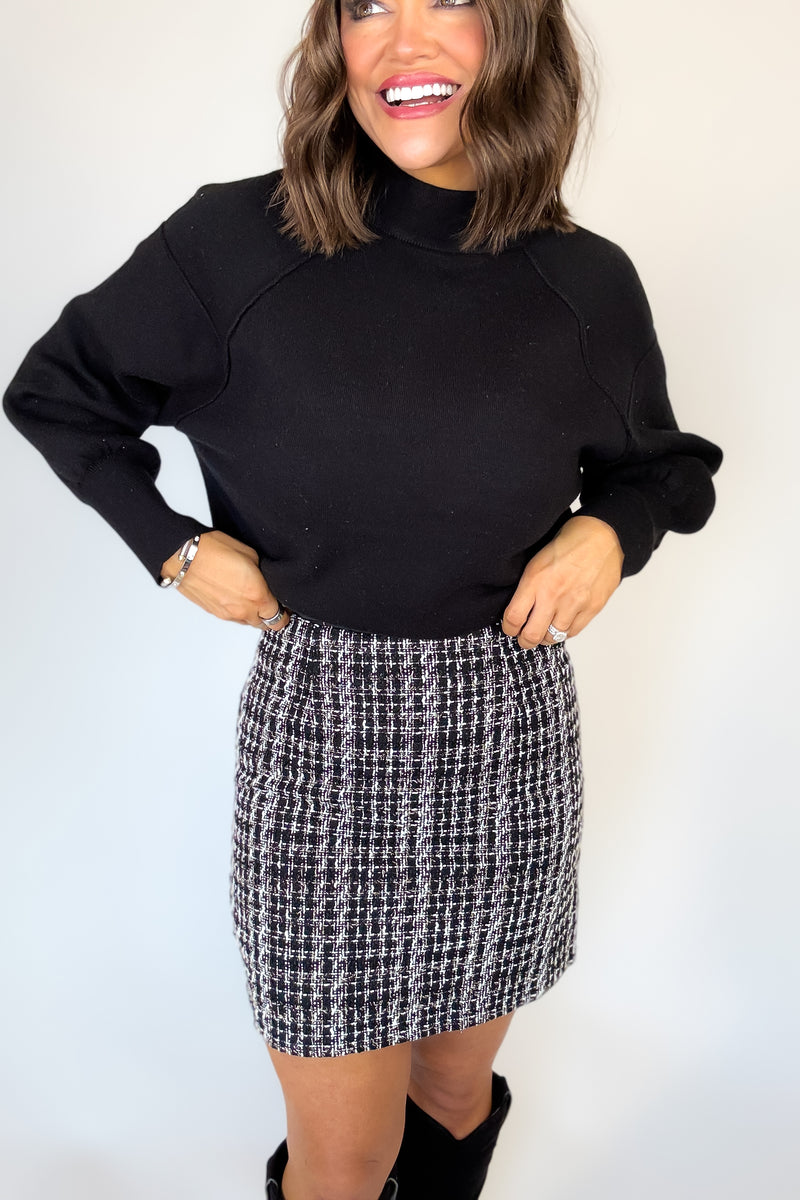 Black Check Tweed Mini Skirt