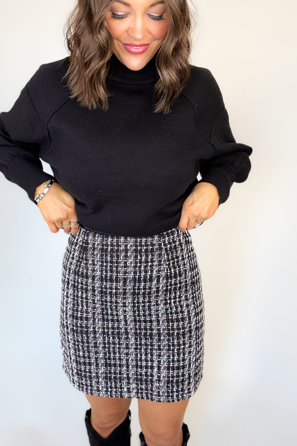 Black Check Tweed Mini Skirt