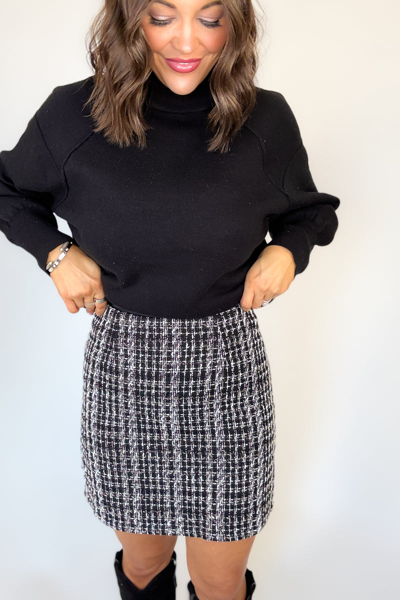 Black Check Tweed Mini Skirt