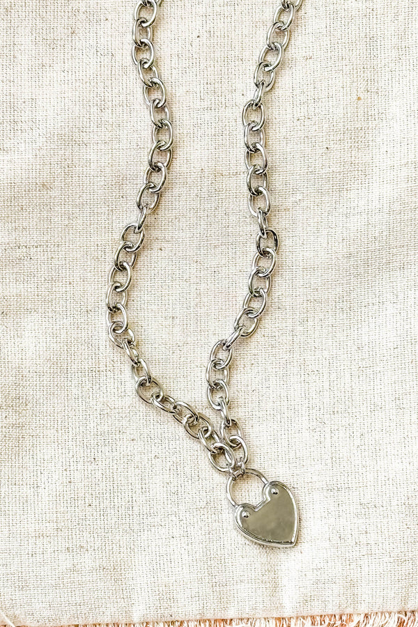 Metal Silver Heart Lock Pendant Necklace