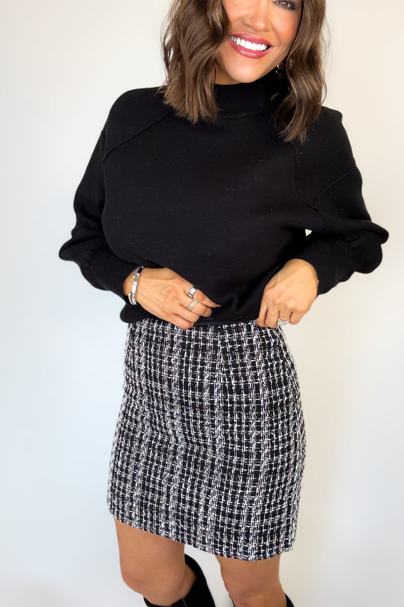 Black Check Tweed Mini Skirt
