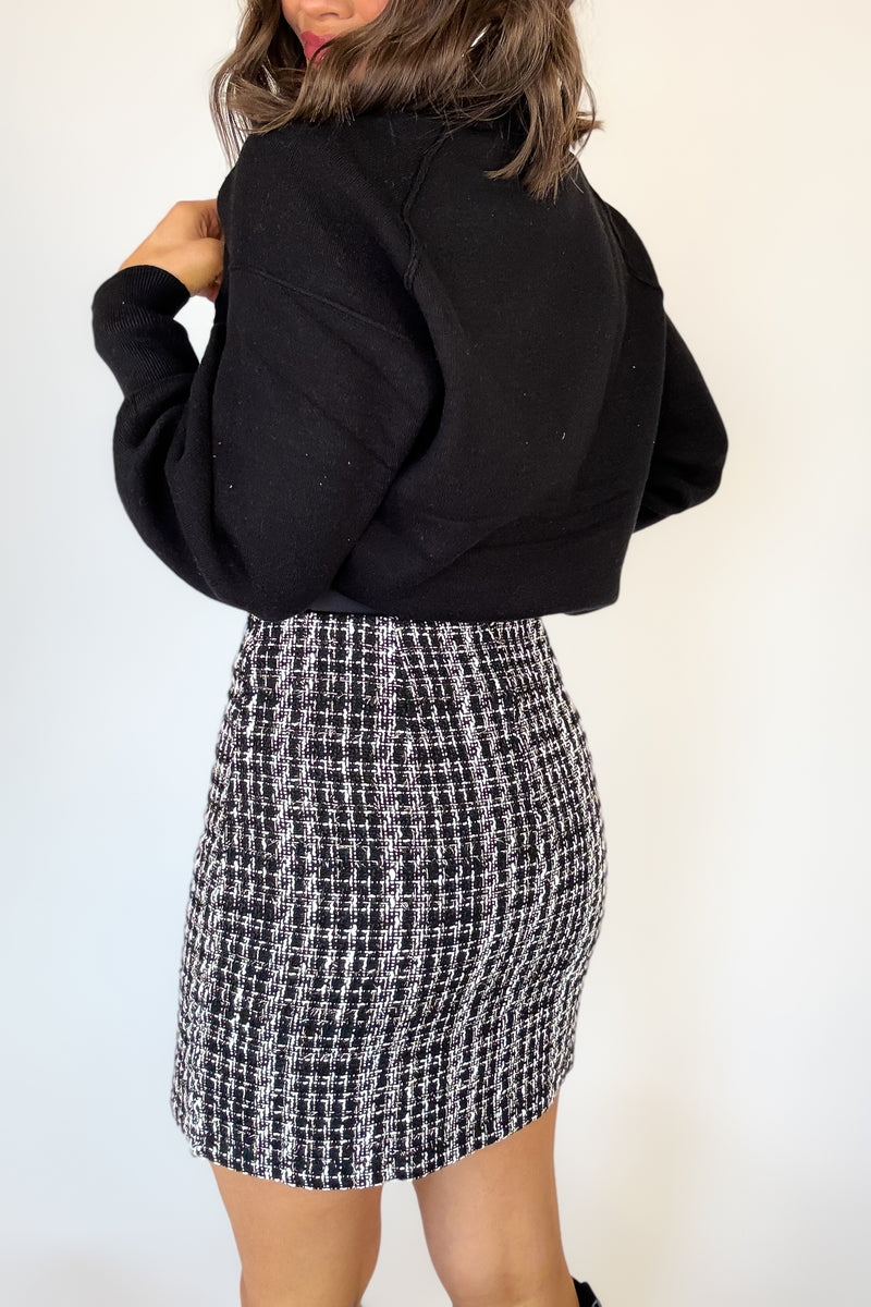 Black Check Tweed Mini Skirt