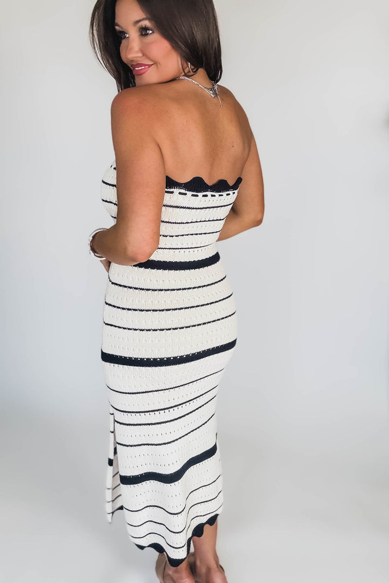 CONTRAST STRIPED CROCHET KNIT MIDI DRESS
