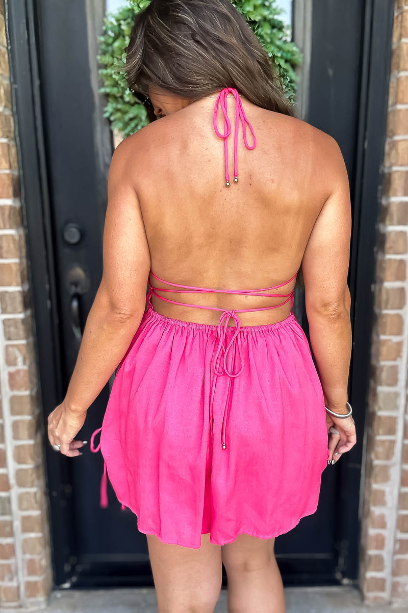 Fuji Pink Drawstring Ruched Romper