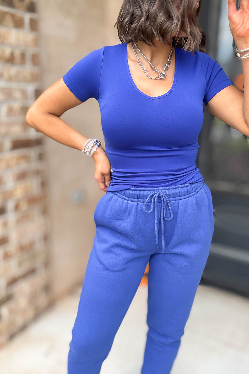 Seamless Round Royal Blue  Neck Short Sleeve Top