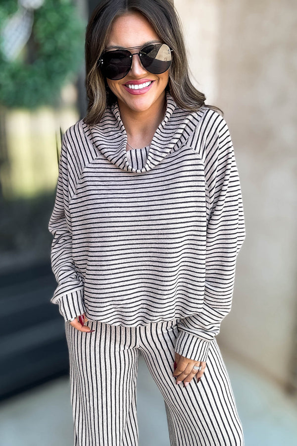 Mocha Stripe Print Cowl Neck Top