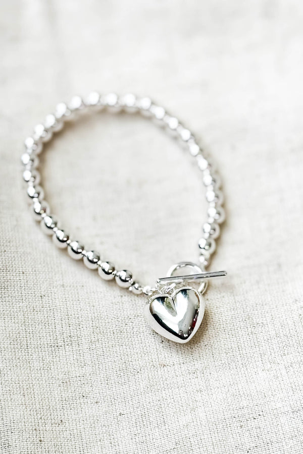 Silver Metal Heart Charm Bubble Chain Toggle Bracelet