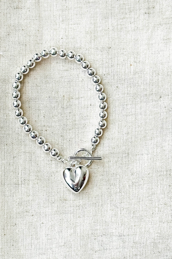 Silver Metal Heart Charm Bubble Chain Toggle Bracelet