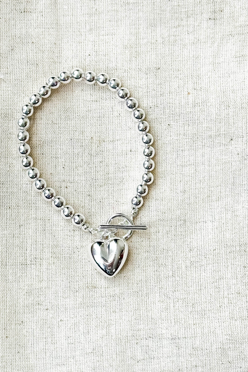 Silver Metal Heart Charm Bubble Chain Toggle Bracelet