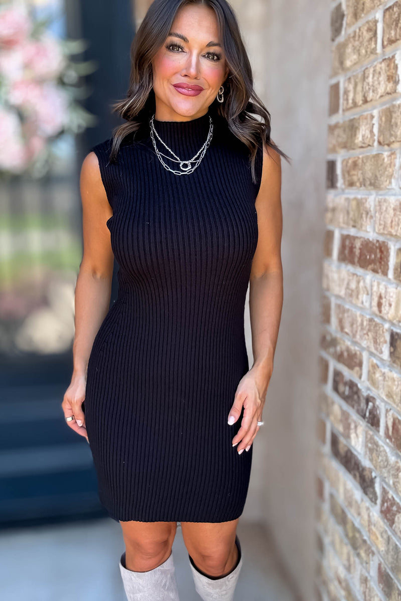 Wild For The Season Black Sleeveless Mock Neck Fitted Mini Dress