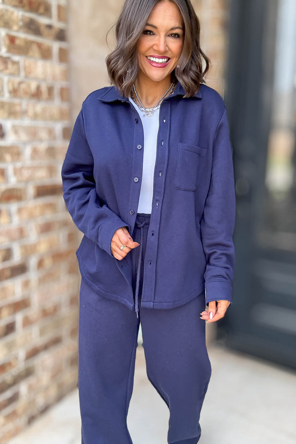 Button Up Navy Fleece Shirt Jacket