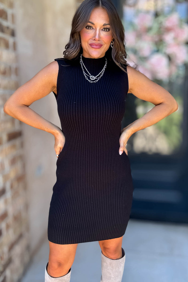 Wild For The Season Black Sleeveless Mock Neck Fitted Mini Dress