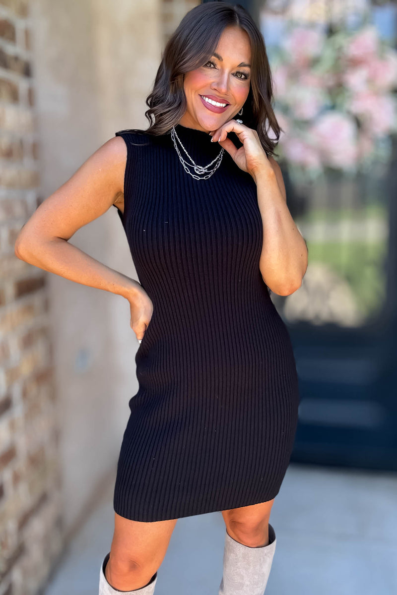 Wild For The Season Black Sleeveless Mock Neck Fitted Mini Dress