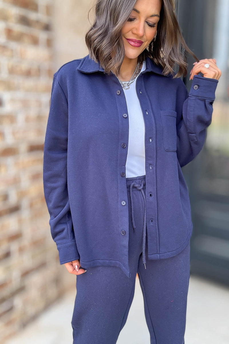 Button Up Navy Fleece Shirt Jacket