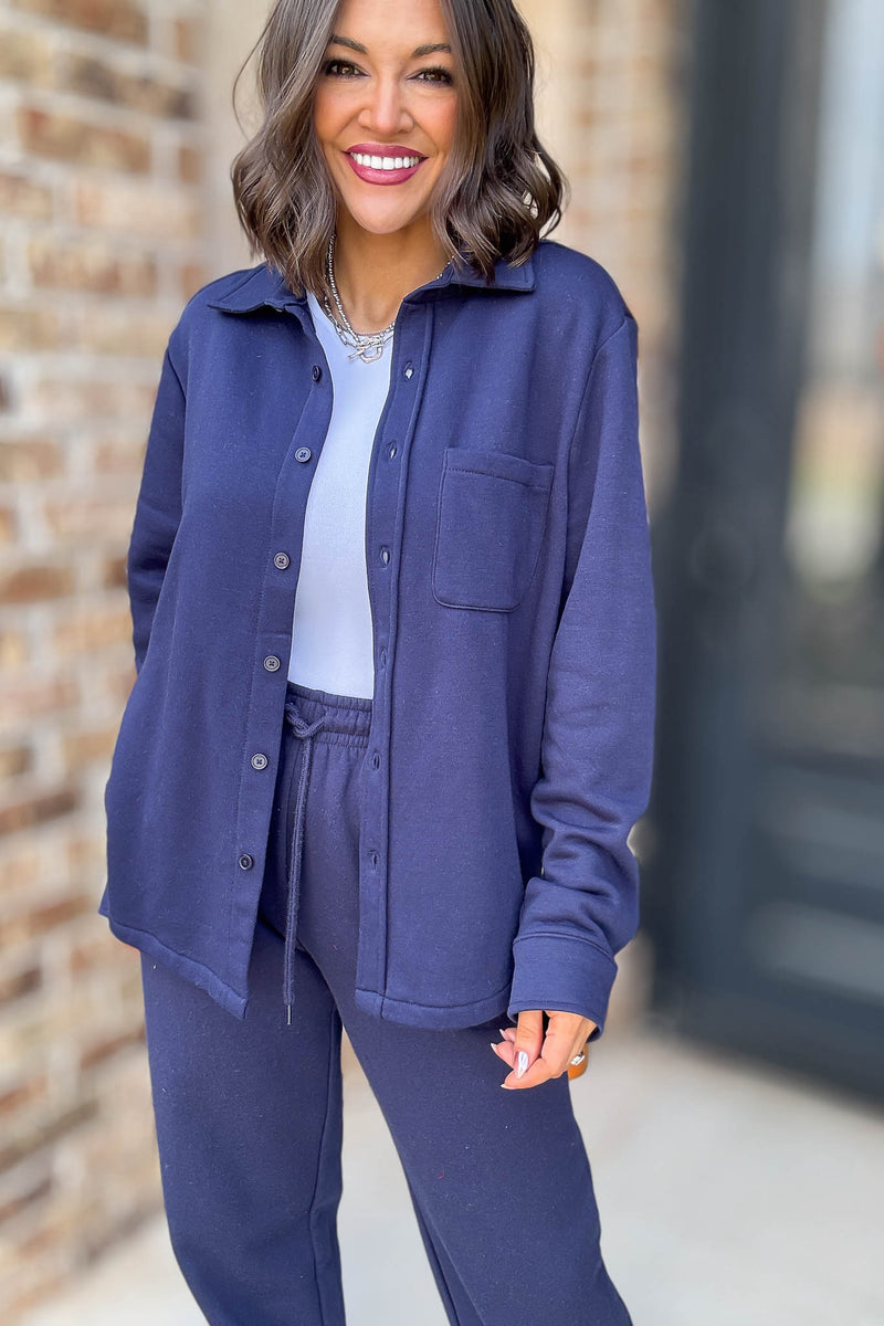 Button Up Navy Fleece Shirt Jacket