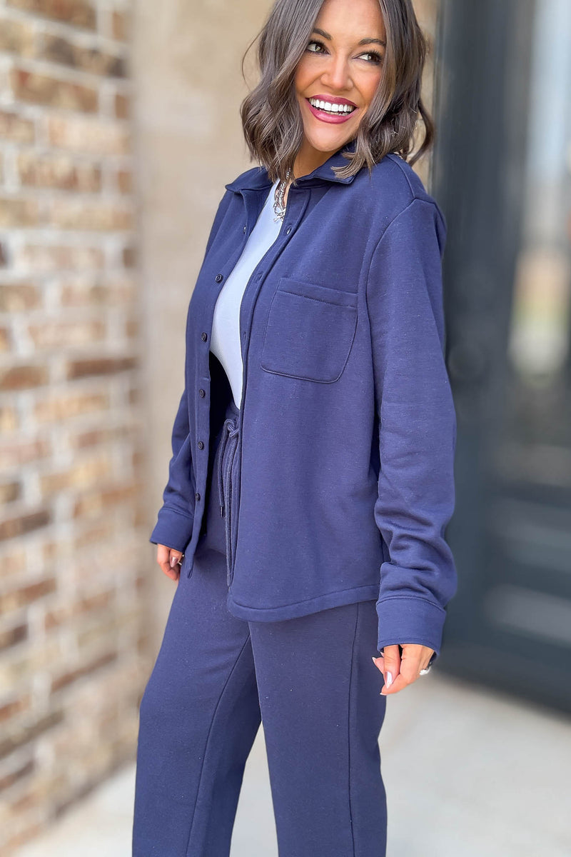 Button Up Navy Fleece Shirt Jacket