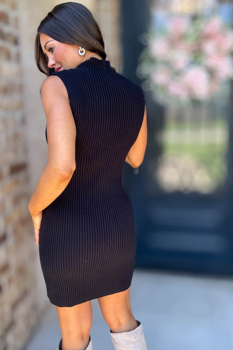 Wild For The Season Black Sleeveless Mock Neck Fitted Mini Dress