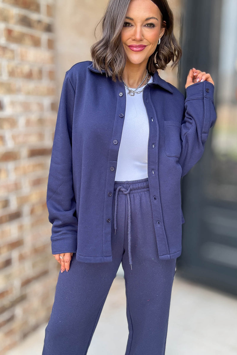 Button Up Navy Fleece Shirt Jacket