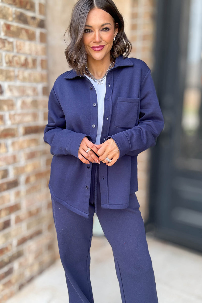 Button Up Navy Fleece Shirt Jacket