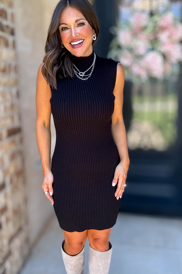Wild For The Season Black Sleeveless Mock Neck Fitted Mini Dress
