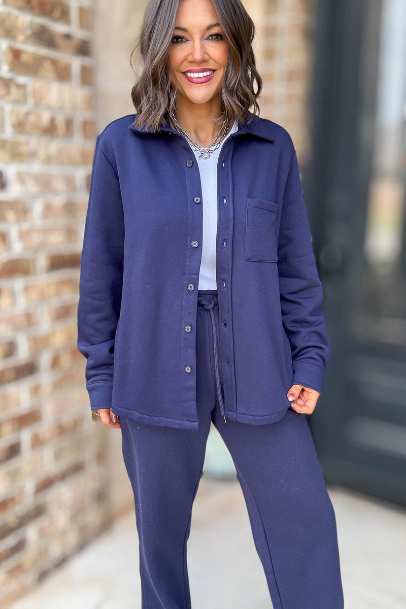 Button Up Navy Fleece Shirt Jacket
