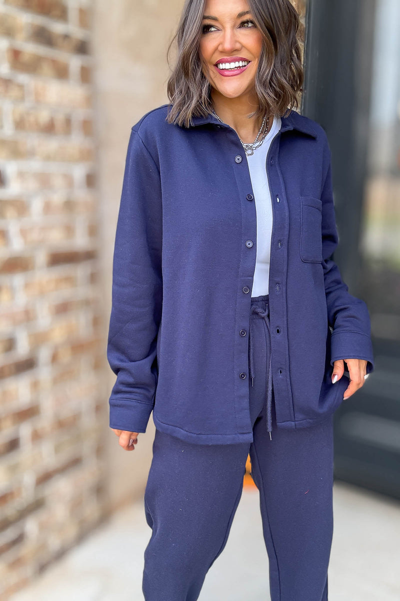 Button Up Navy Fleece Shirt Jacket