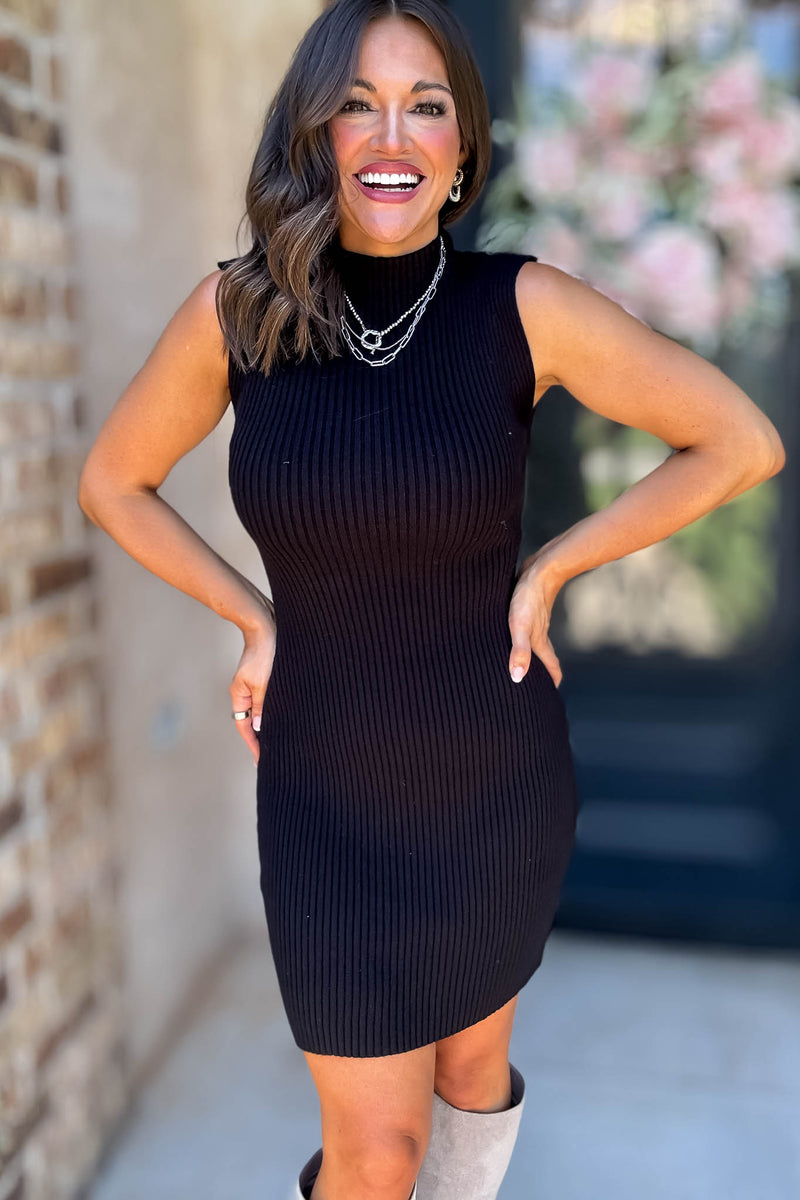 Wild For The Season Black Sleeveless Mock Neck Fitted Mini Dress