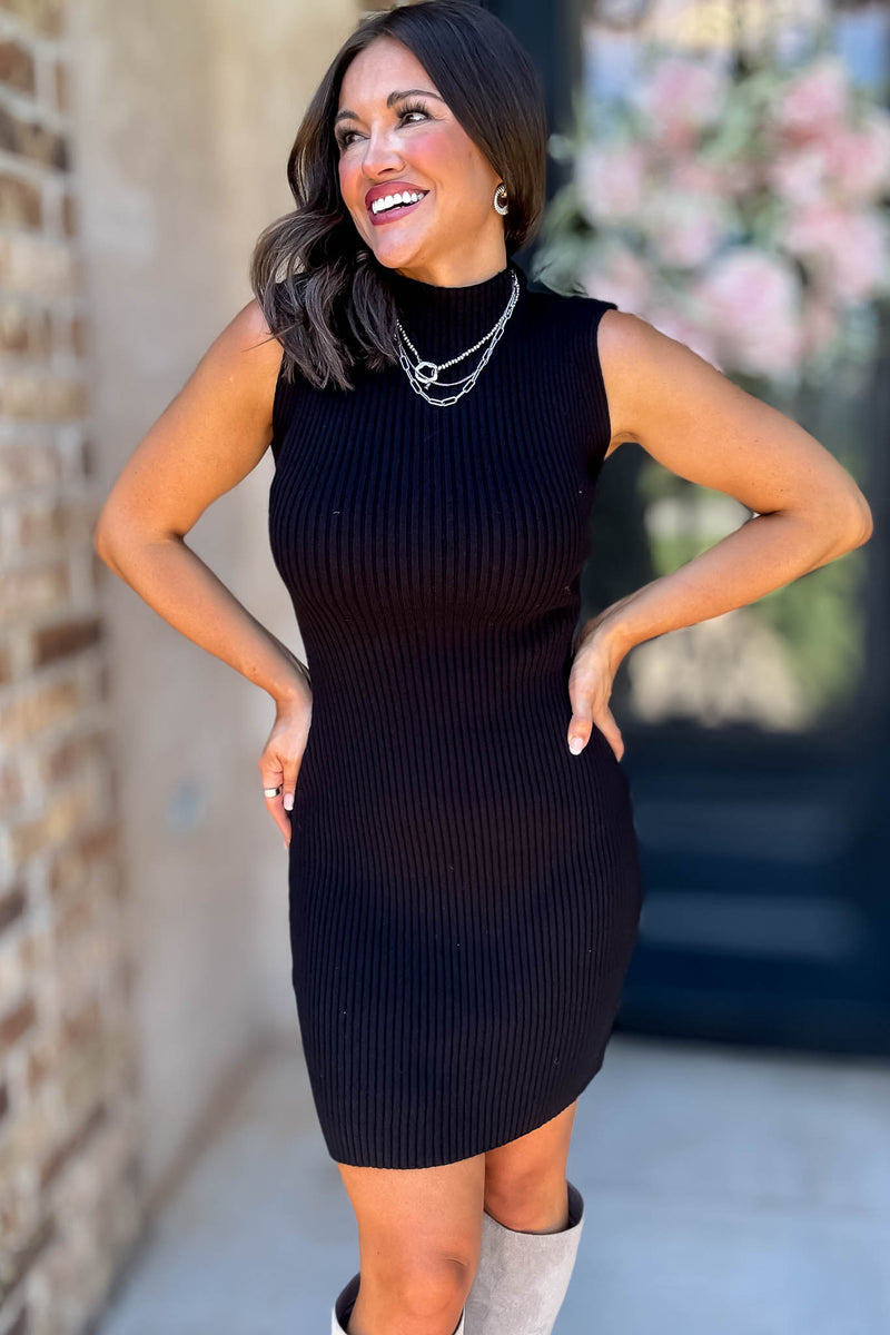 Wild For The Season Black Sleeveless Mock Neck Fitted Mini Dress
