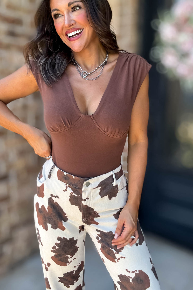 Le Lis Brown Sweetheart Neck Shirred Shoulder Bodysuit