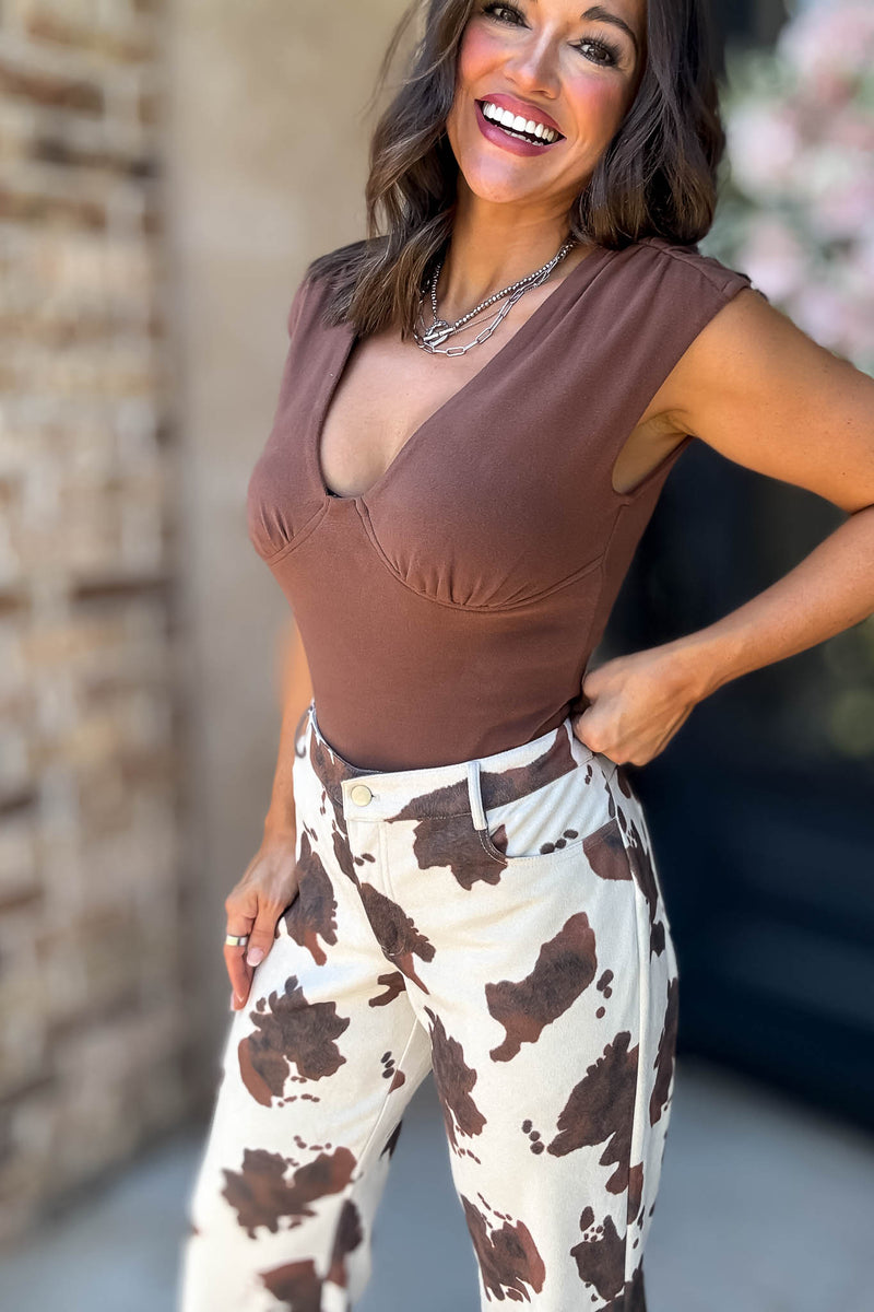 Le Lis Brown Sweetheart Neck Shirred Shoulder Bodysuit