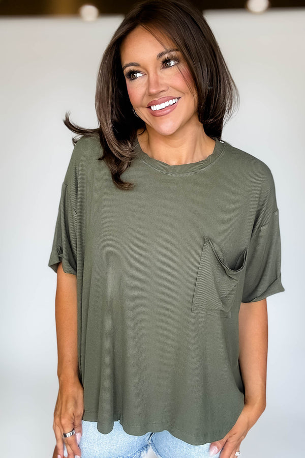 Oversized Dark Olive Ribbed Round Neck Short Sleeve Tee