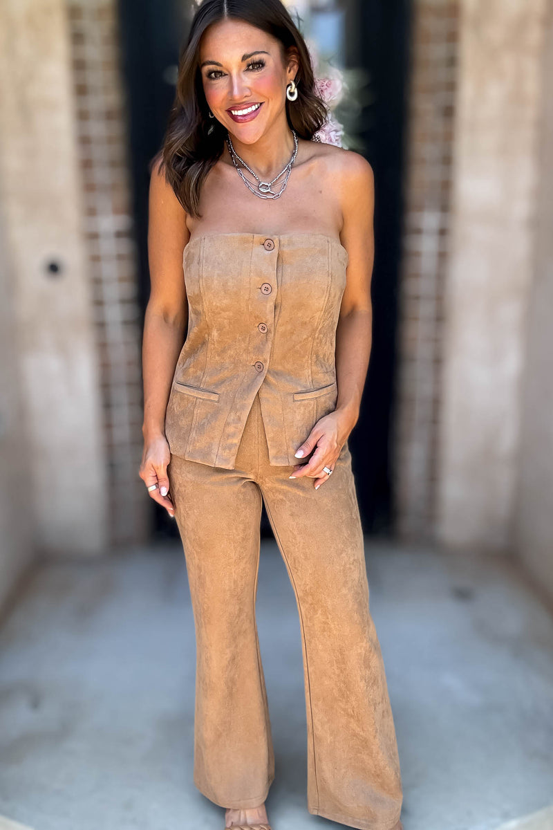 Le Lis Camel Button Front Suede Tube Blazer Top