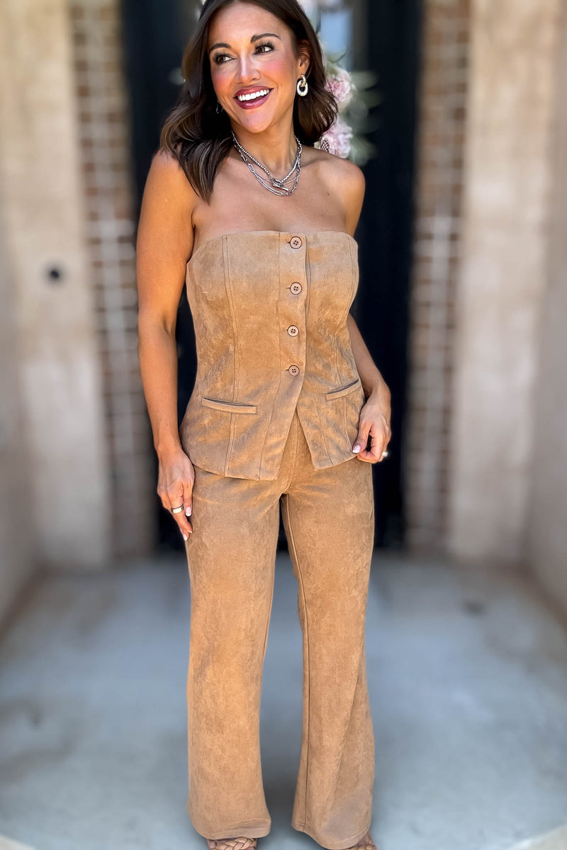 Le Lis Camel Low Waist Suede Boot Cut Pants