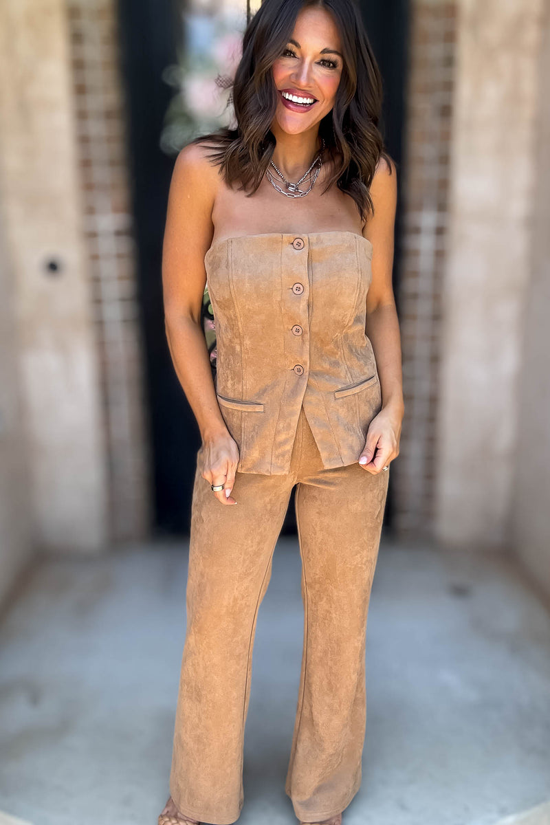 Le Lis Camel Low Waist Suede Boot Cut Pants