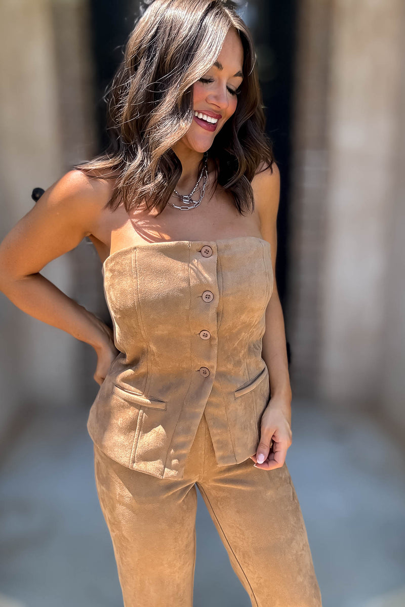 Le Lis Camel Button Front Suede Tube Blazer Top