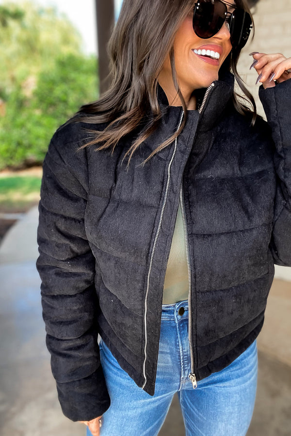 Black High Neck Zip-Up Corduroy Puffer Jacket