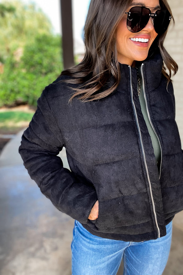 Black High Neck Zip-Up Corduroy Puffer Jacket