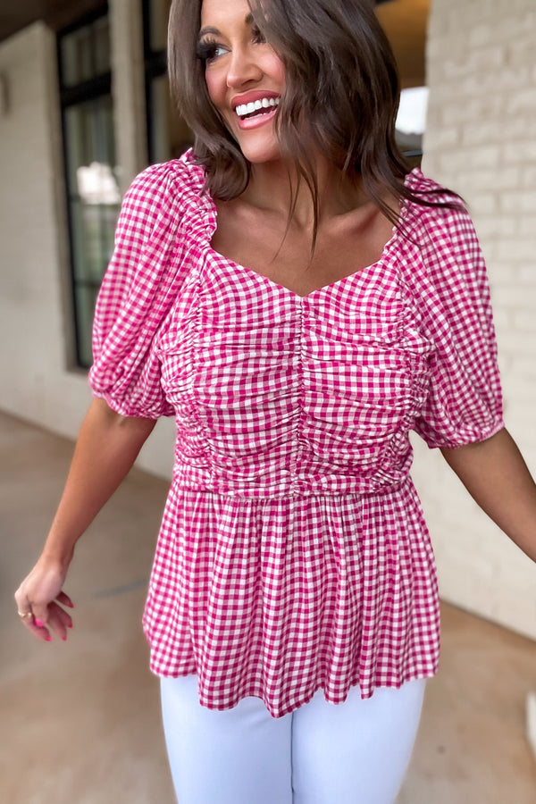 Through The Window Fuchsia Gingham Check Ruched Baby Doll Top