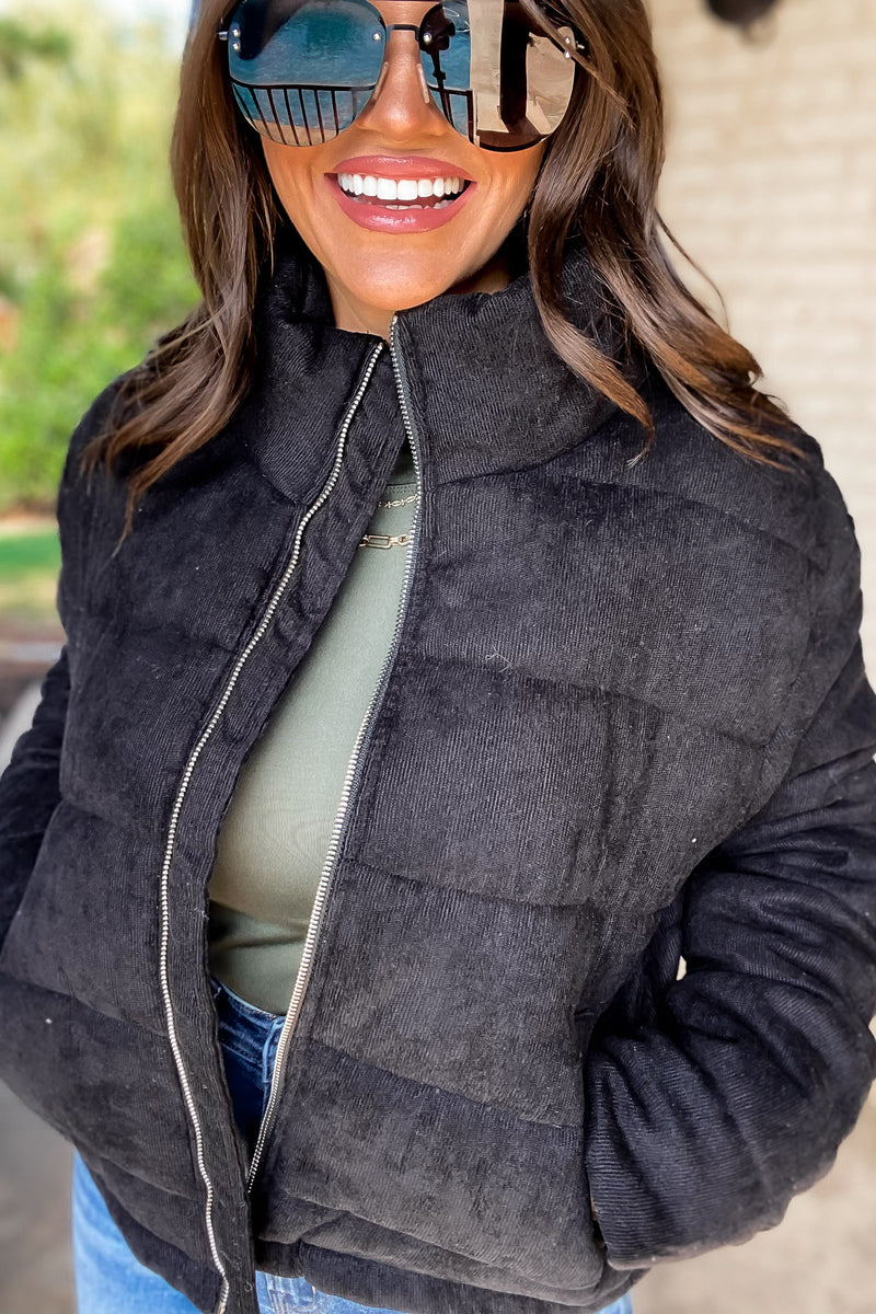 Black High Neck Zip-Up Corduroy Puffer Jacket