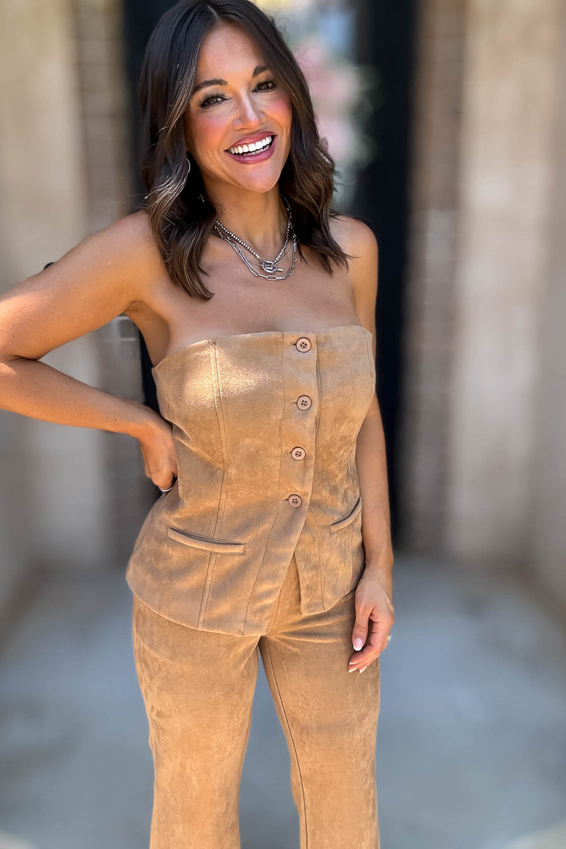 Le Lis Camel Button Front Suede Tube Blazer Top