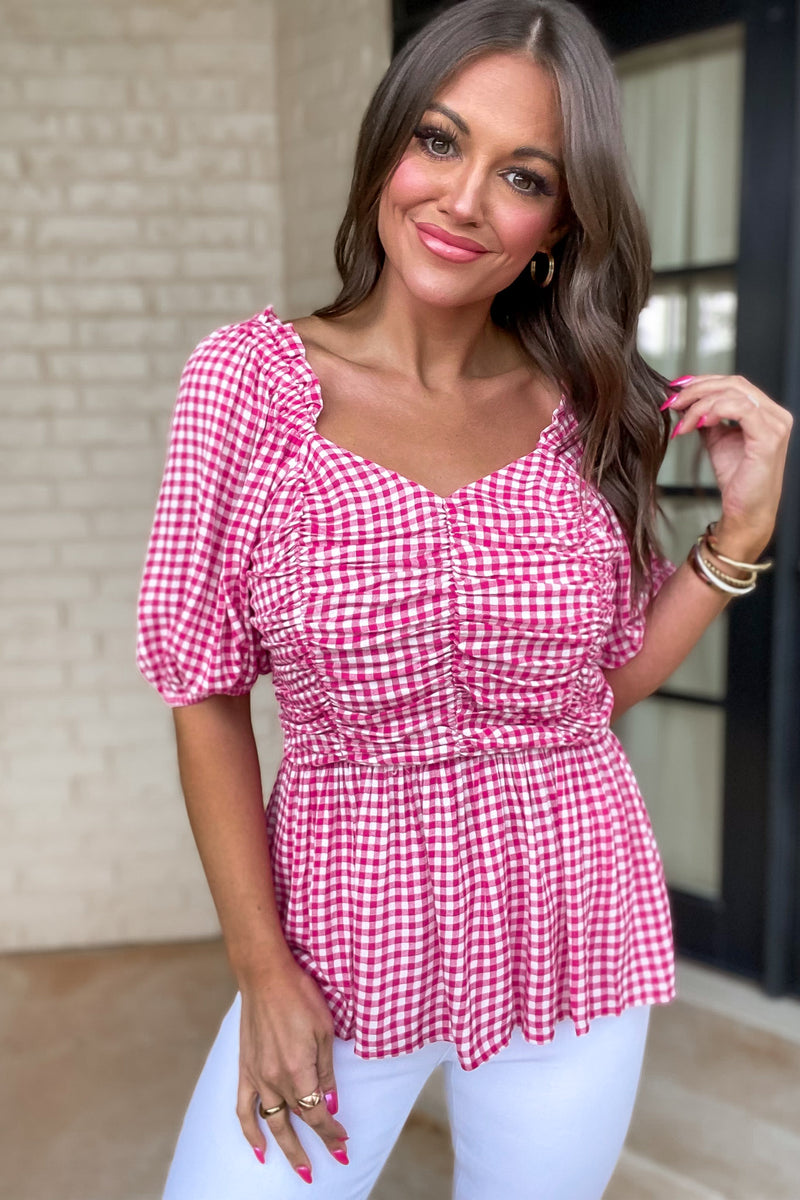 Through The Window Fuchsia Gingham Check Ruched Baby Doll Top