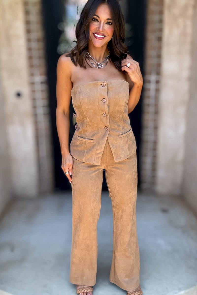 Le Lis Camel Button Front Suede Tube Blazer Top