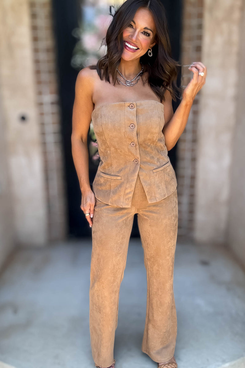 Le Lis Camel Button Front Suede Tube Blazer Top