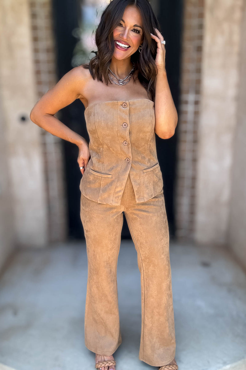 Le Lis Camel Low Waist Suede Boot Cut Pants